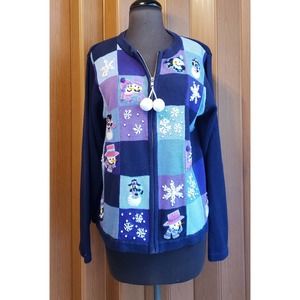 Victoria Jones cotton blend large blue snowman sweater